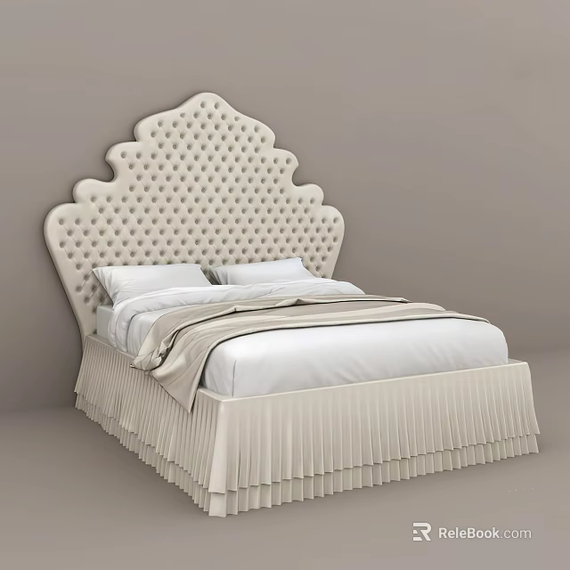Elegant Double Bed With Tufted Scalloped Headboard White Bedding And Pleated Skirt 3d model 