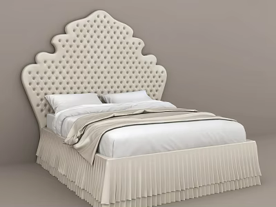 Elegant Double Bed With Tufted Scalloped Headboard White Bedding And Pleated Skirt 3d model