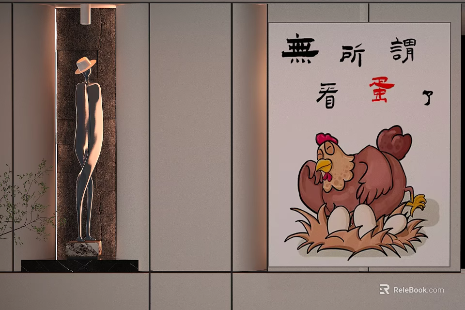 Interior Decor With Abstract Human Sculpture Plant And Hen Nest Artwork 3d model 