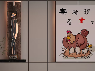 Interior Decor With Abstract Human Sculpture Plant And Hen Nest Artwork 3d model
