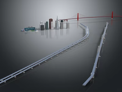 Modern Urban Architecture with Skyscrapers Red Bridge and Water Reflection Design 3d model