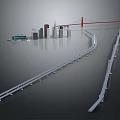 Modern Urban Architecture with Skyscrapers Red Bridge and Water Reflection Design
