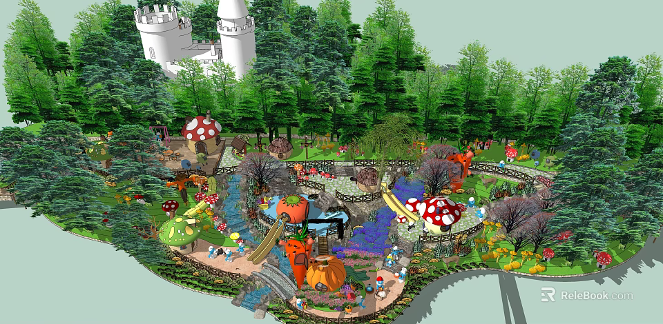 Enchanting Fairy Tale Garden With Castle Forest Mushrooms Slide And Pumpkin Decorations 3d model 