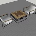 Brown Entertainment Table with Go Board Pieces and Two White Chairs 3d model