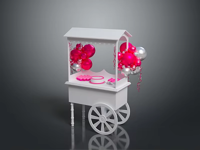 White Mobile Commercial Cart With Pink Silver Balloons And Dessert Display Stand 3d model