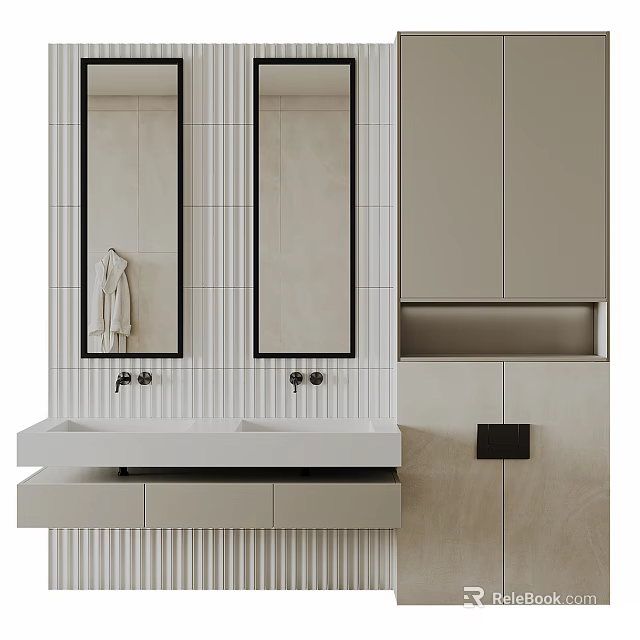 Modern Bathroom Combination With Double Sink Mirrors Neutral Tile Walls And Cabinet 3d model