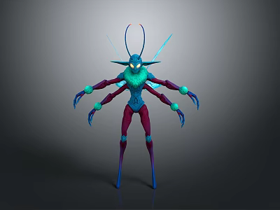 Ethereal Game Fantasy Character With Multiple Arms Glowing Blue Purple Antennae 3d model