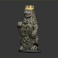 Detailed Stone Lion Statue Wearing Golden Crown Holding Shield On Gray Base