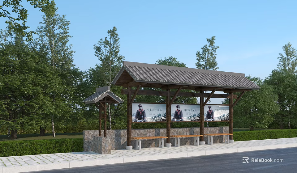 Traditional Bus Stop with Tiled Roof Trees Benches and Billboard in Green Surroundings 3d model 