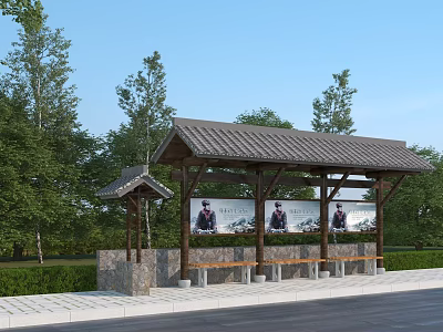 Traditional Bus Stop with Tiled Roof Trees Benches and Billboard in Green Surroundings 3d model