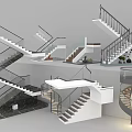 Various Staircase Designs With Glass Railings Metal Frames And Marble Steps For Interior 3d model