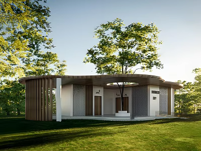 Modern Public Toilet With Curved Roof Wooden White Structure Green Trees Lawn 3d model