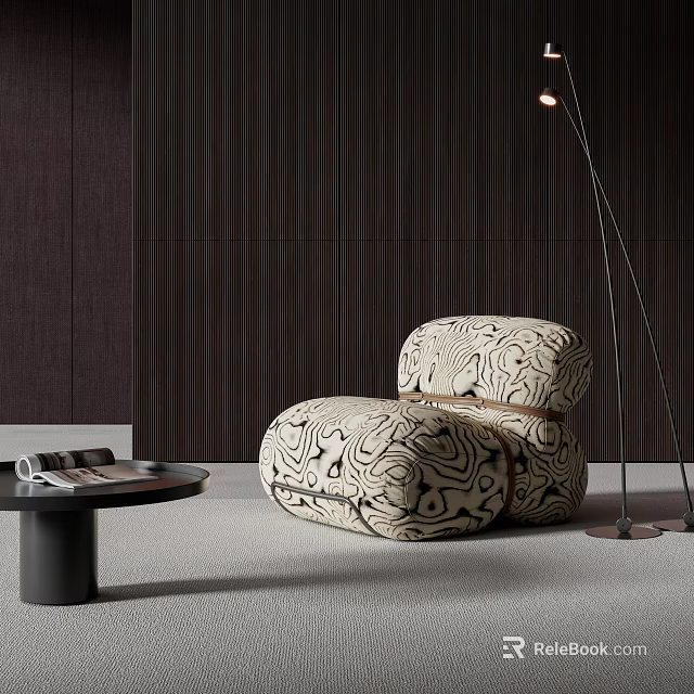 Modern Leisure Chair With Unique Abstract Pattern Upholstery And Floor Lamp By Wooden Wall 3d model