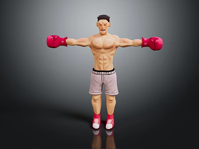 Shirtless Muscular Man With Red Boxing Gloves And Gray Shorts Standing With Arms Outstretched 3d model
