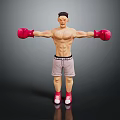 Shirtless Muscular Man With Red Boxing Gloves And Gray Shorts Standing With Arms Outstretched