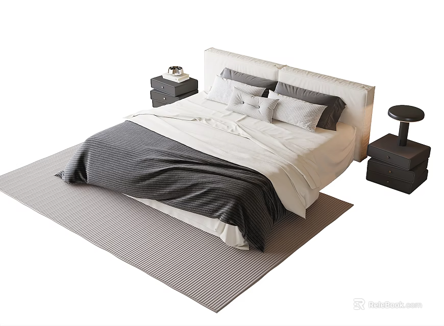 Modern Double Bed with Bedding Pillows and Bedside Tables on Rug 3d model 