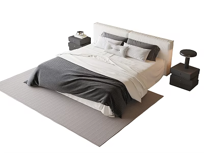 Modern Double Bed with Bedding Pillows and Bedside Tables on Rug 3d model