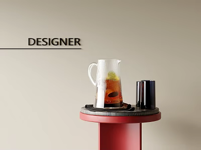 Designer Decorative Accessory Set With Glass Pitcher Black Cup On Red Table 3d model