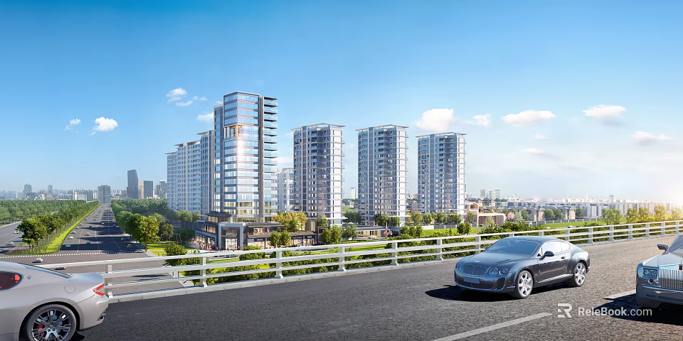 Modern High Rise Residential Buildings with Green Landscaping and Road View 3d model 