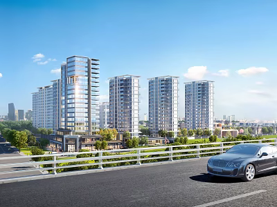 Modern High Rise Residential Buildings with Green Landscaping and Road View 3d model