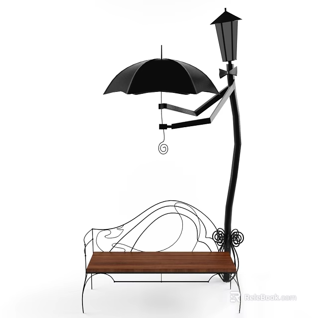 Outdoor Chair with Black Umbrella Metal Frame and Wooden Seat for Garden Patio 3d model 