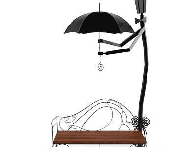 Outdoor Chair with Black Umbrella Metal Frame and Wooden Seat for Garden Patio 3d model