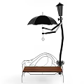 Outdoor Chair with Black Umbrella Metal Frame and Wooden Seat for Garden Patio