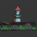 Cartoon Scenery With Red Top Lighthouse Wooden Ladders Small Boat Water Green Grass Rocks