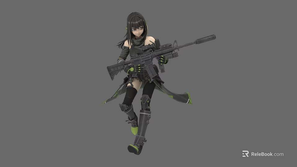 Game Movie Character with Black Long Hair in Black and Green Outfit Holding Long Rifle 3d model 
