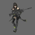 Game Movie Character with Black Long Hair in Black and Green Outfit Holding Long Rifle