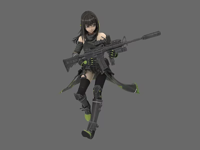 Game Movie Character with Black Long Hair in Black and Green Outfit Holding Long Rifle 3d model