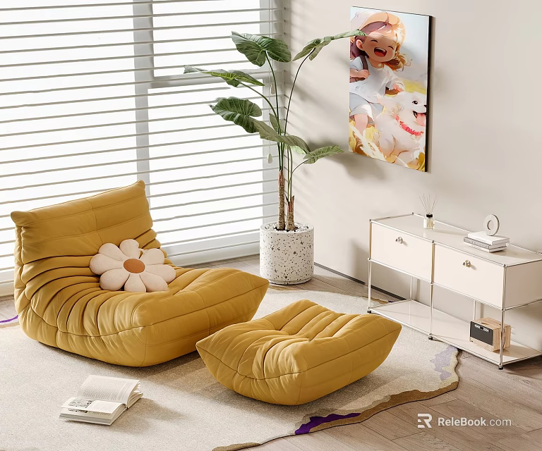 Comfortable Yellow Single Sofa with Ottoman Green Plant and Decorative Painting in Living Room 3d model 