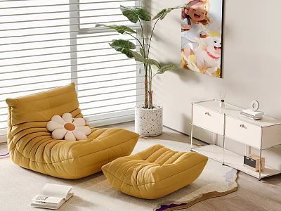 Comfortable Yellow Single Sofa with Ottoman Green Plant and Decorative Painting in Living Room 3d model