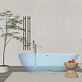 Transparent Blue Bathtub with Greenery Wooden Stool Strawberries Decorative Lamp on Light-Colored Wall Wooden Floor