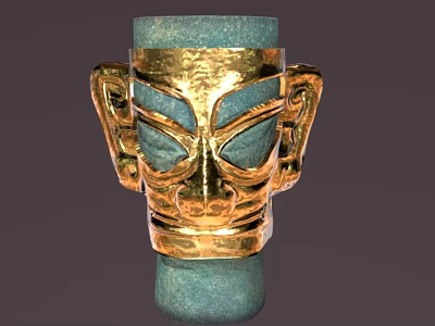 Golden Decorative Head Sculpture With Blue Eyes Prominent Ears And Blue Base 3d model