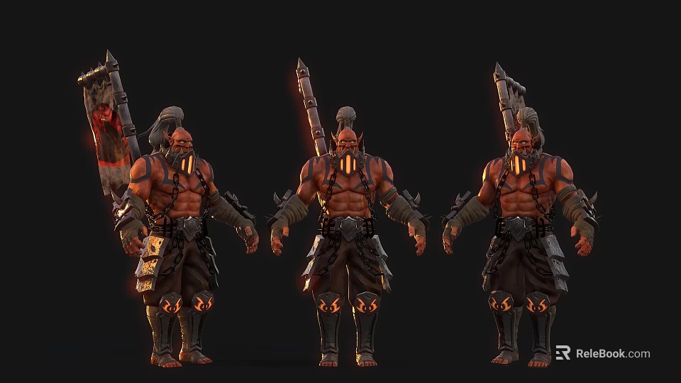 Detailed Game Fantasy Muscular Warrior Character With Large Ornate Weapon And Armor 3d model 