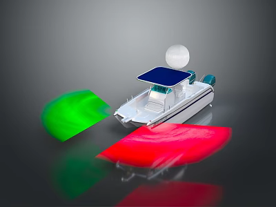 White Boat With Blue Canopy White Spherical Object Green And Red Light Effects 3d model