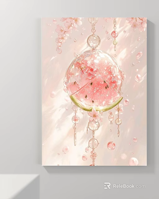 Soft Pink Landscape Painting With Transparent Sphere Watermelon Pink Flesh Black Seeds Flowers And Bubbles 3d model 