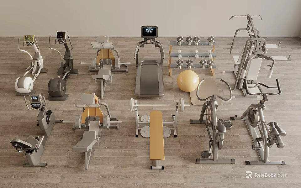 Gym Sports Equipment Collection With Treadmill Dumbbells Weight Bench And Exercise Machines 3d model 