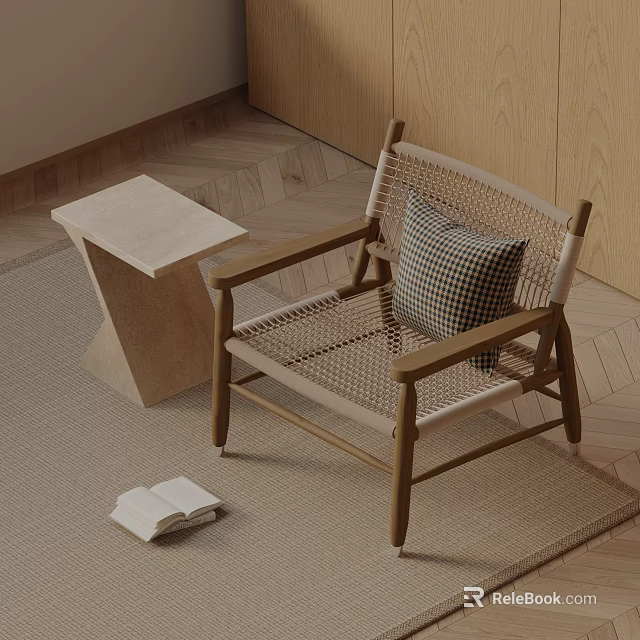 Modern Wooden Rattan Lounge Chair With Checkered Cushion Side Table And Open Book On Rug 3d model 