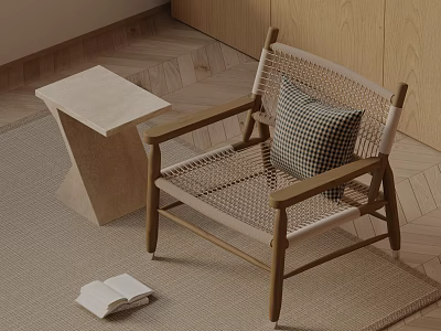Modern Wooden Rattan Lounge Chair With Checkered Cushion Side Table And Open Book On Rug 3d model