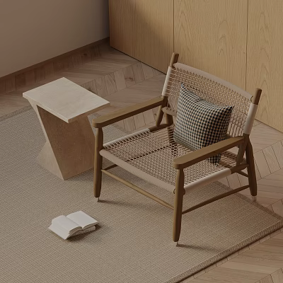 Modern Wooden Rattan Lounge Chair With Checkered Cushion Side Table And Open Book On Rug 3d model