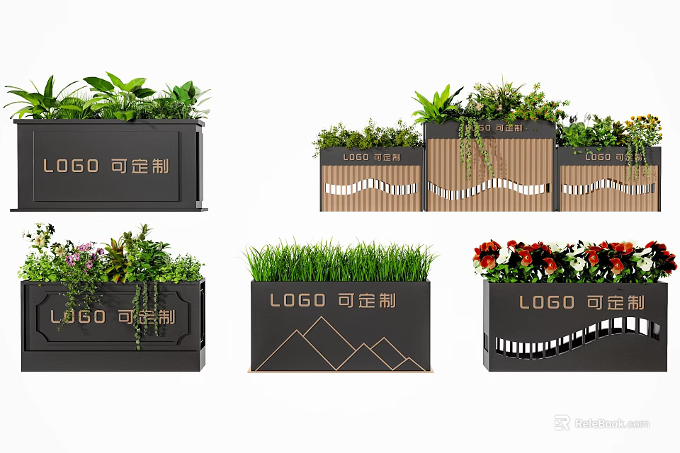 Stylish Plant Combinations in Customizable Logo Planters with Various Designs 3d model 