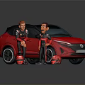 Red Car with Black Roof Two Cartoon Characters in Black Outfits Standing Beside Red Helmets