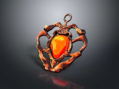 Unique Decorative Pendant With Intricate Copper Frame And Shiny Orange Gemstone 3d model