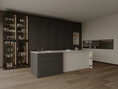 Modern Dark Wood Kitchen Interior With Central Island And Display Shelves 3d model