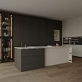Modern Dark Wood Kitchen Interior With Central Island And Display Shelves