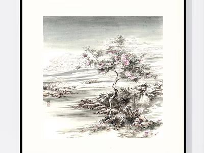 Traditional Chinese Botanical Painting With Tree Pink Flowers Rocks Water Sky And Clouds 3d model