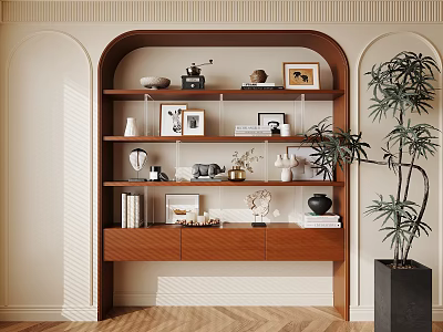 Decorative Ornaments Combination on Modern Wooden Shelf with Photo Frames Sculpture Vase and Potted Plant 3d model