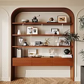 Decorative Ornaments Combination on Modern Wooden Shelf with Photo Frames Sculpture Vase and Potted Plant